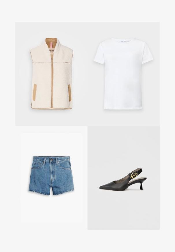 Lažni krzneni krem prsluk s bež patentnim zatvaračem, ovratnikom i bočnim džepovima, s glatkim rubom tkanine za kontrast i teksturu.; Bijela kratka majica s kratkim rukavima od pamuka s dizajnom okruglog izreza. Glatka tekstura i ravni kroj, bez uzoraka ili naglaska.; Traper šorts u svijetloplavoj boji, sa pet džepova, rajsferšlusom i kopčanjem na dugme. Rubovi su pohabani, a dizajn je opušten.; Crne cipele na visokom potpeticu s remenom oko pete, s izduženim vrhom, glatkom kožnom teksturom i zlatnim kopčom kao ukrasom na remenu.