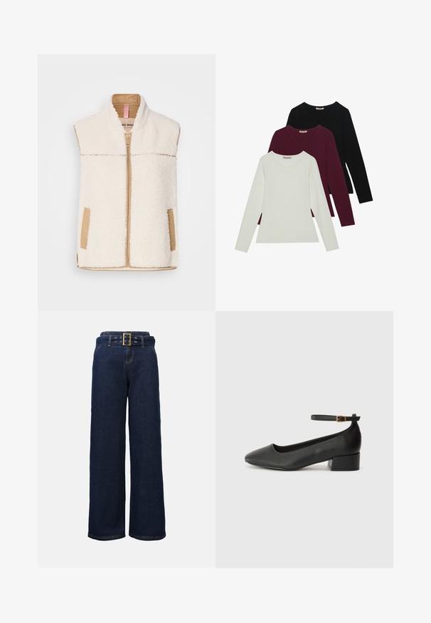 Kreppādas krēma krāsas veste ar beigetoni rāvējslēdzēju, apkakli un sānu kabatām, kurai ir gluda auduma apdare kontrastam un faktūrai.; Garās piedurknes T-krekli baltā, bordo un melnā krāsā. Izgatavoti no mīkstas auduma ar apaļu kakla izgriezumu un pieguļošu dizainu. Piemēroti kā slāņošana.; Tumši zili platlegu denimi bikses ar izšūtām kabatām un saderīgu jostu, kurai ir liels taisnstūrains zelta sprādze.; Melnas ādas sūkņi ar smailu purngalu un zemu bloku papēdi. Iezīmēts ar potītes siksniņu ar zelta krāsas sprādzi. Gluda tekstūra.