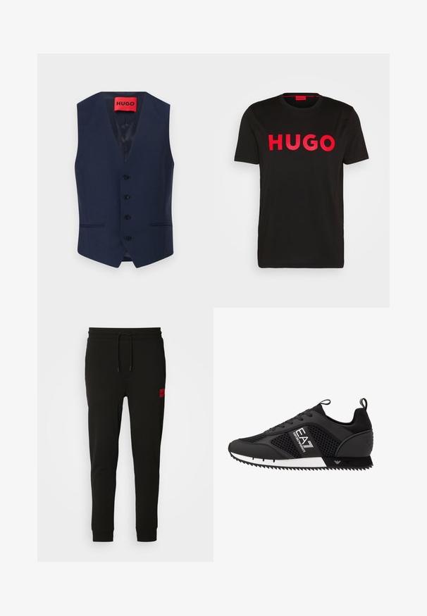 Gilet blu strutturato con scollo a V, cinque bottoni e tasche laterali. Tessuto morbido con fodera leggera in satin e un'etichetta rossa ben evidente.; T-shirt nera in cotone con il testo "HUGO" rosso audace sul davanti, maniche corte, scollo rotondo e vestibilità rilassata.; Pantaloni felpati neri realizzati in tessuto morbido, con vita regolabile tramite cordoncino, vestibilità slim e una patch rossa con logo sulla coscia sinistra.; EA7 Emporio Armani LACES UNISEX - Sneakers basse - black/white