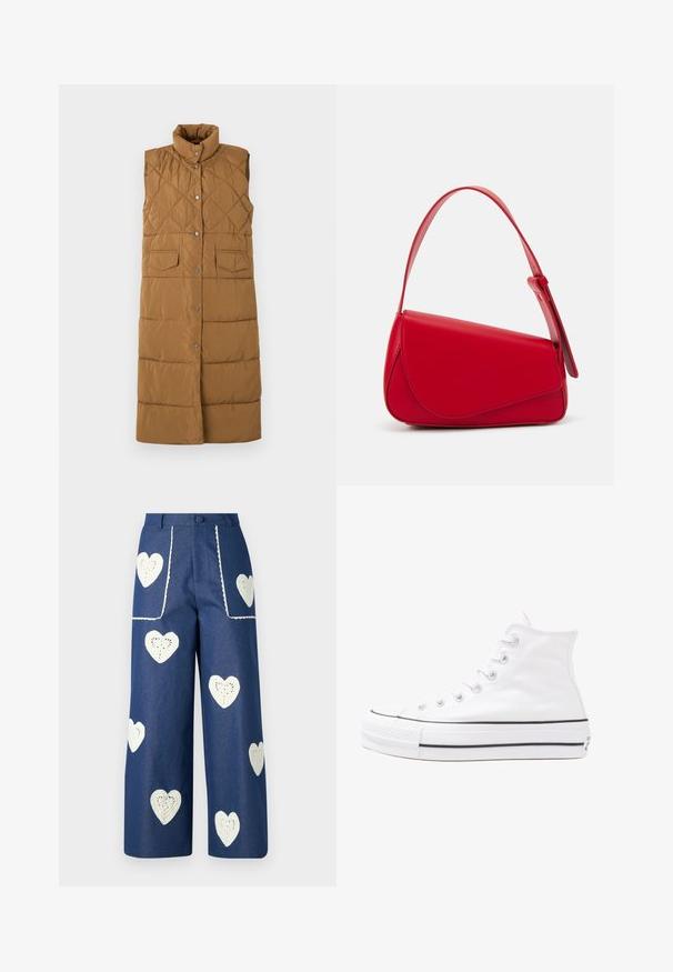 Dugi, bez rukava smeđi puffer prsluk s dijamantnim šavovima, visokim ovratnikom, prednjim kopčanjem na dugmad i dva prednja džepa.; Cvjetna bluza s dugim napuhanim rukavima, svijetlo krem osnova, s ljubičastim, narančastim i zelenim cvjetnim uzorcima, te klasičnim dizajnom ovratnika.; Sister Jane HEART TO HEART - Traperice ravnih nogavica - blue denim; Bijela visoka platnena tenisica s crnom gumenom potplatom, prednjim gumenim zaštitnikom prstiju i šest rupa za vezanje, s čistim, minimalističkim dizajnom.; Crvena kožna torba s kutnim, geometrijskim dizajnom. Ima jedan podesivi remen i preklopni zatvarač sa šivenim detaljima.