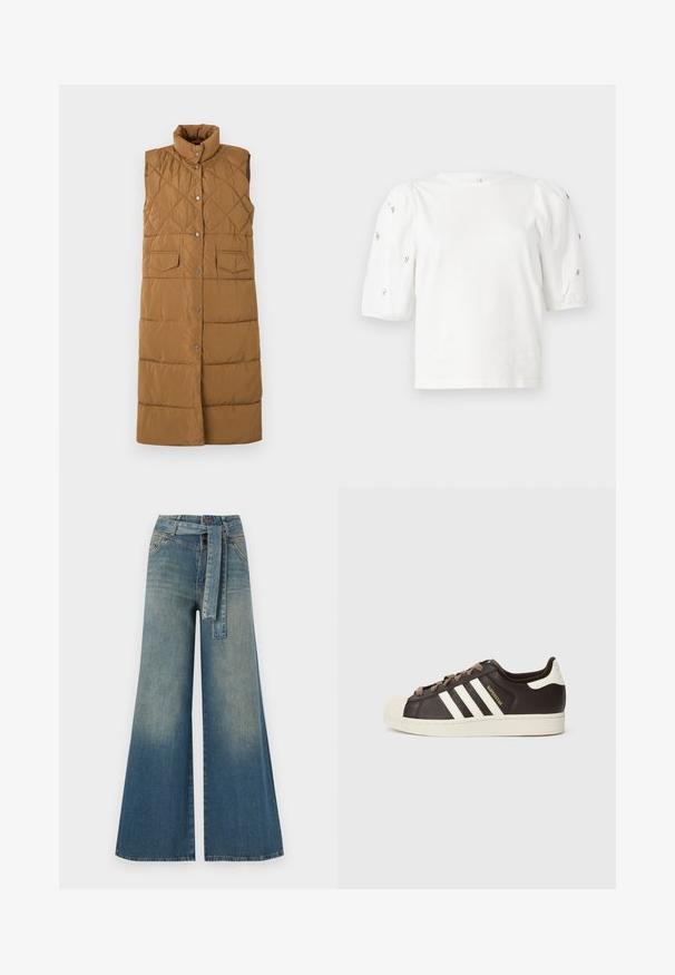 Long, sleeveless brown puffer vest with diamond quilted pattern, high collar, front snap closure, and two front patch pockets.; White cotton t-shirt with short puff sleeves, featuring small silver embellishments along the sleeves. Classic round neckline, relaxed fit.; Wide-leg denim trousers featuring a light to dark blue gradient, high waist, belt loops, and a matching fabric belt. Textured denim finish.; Low-top Adidas Superstar sneaker in dark brown leather with cream shell toe, white stripes, and "Superstar" text on the side.