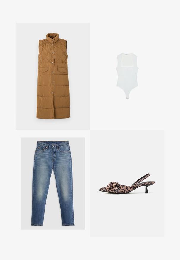 Dlouhá béžová péřová vesta bez rukávů s diamantovým prošíváním, vysokým límcem, zapínáním na přední cvočky a dvěma předními našitými kapsami.; Bílý body s čtvercovým výstřihem, bez rukávů, hladkým povrchem a patentkami na dně. Jednoduchý a minimalistický styl.; Světle modré džíny s rovný střih, pěti kapsami, zapínáním na knoflíky a jemným vyblednutím na stehnech. Viditelné kontrastní švy.; Lodičky s špičatou špičkou a otevřenou patou v leopardím potisku, zdobené mašlí, s nízkým černým podpatkem a hladkou texturou.