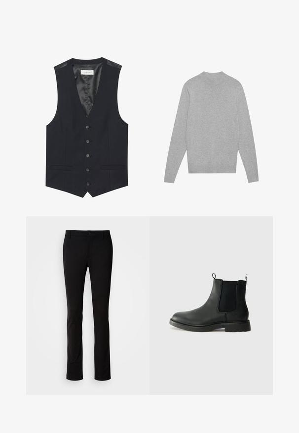 Juodas liemenė su V formos iškirpte, šešiais priekiniais mygtukais, dviem šoninėmis kišenėmis ir lygiu vidiniu pamušalu. Medžiaga turi tekstūruotą paviršių.; Šviesiai pilkas ilgomis rankovėmis megztinis su apvali iškirpte, su ripsu ant kaklo, rankogalių ir apatinės dalies, išdėstytas plokščiai ant balto fono.; Juodos kelnės, pagamintos iš lygios medžiagos, su mygtukų uždarymu, diržo kilpomis ir tiesiomis kojomis. Nėra matomų raštų ar akcentų.; Juodos odinės Chelsea botai su elastingais šonų įdėklais, traukimo kilpomis, suapvalintu pirštu ir tekstūruotu guminio pado paviršiumi. Lygus paviršius ir tvirtas dizainas.