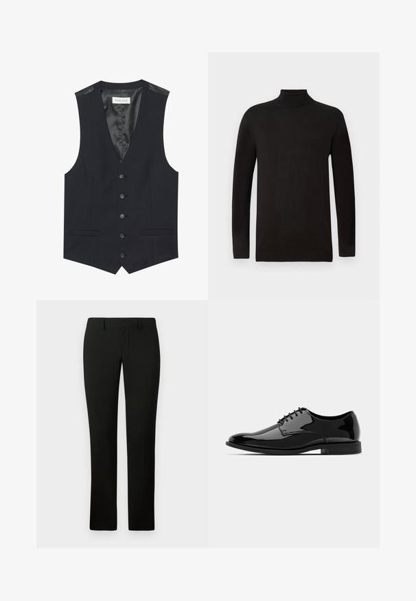 Schwarze Weste mit V-Ausschnitt, sechs vorderen Knöpfen, zwei seitlichen Taschen und einem glatten Innenfutter. Das Material hat eine strukturierte Oberfläche.; Schwarzer Rollkragenpullover aus weichem Strickmaterial. Mit langen Ärmeln und einer taillierten Passform, einem gerippten Kragen und Saum. Minimale Branding.; Schwarze Hosen mit taillierter Passform, die eine glatte Textur und einen geraden Beinanschnitt aufweisen. Der Bund hat Gürtelschlaufen und eine saubere Verarbeitung.; Schwarze Lackleder-Schuh mit abgerundetem Zeh, Schnürdesign und glatter, glänzender Oberfläche. Verfügt über eine flache Gummisohle.