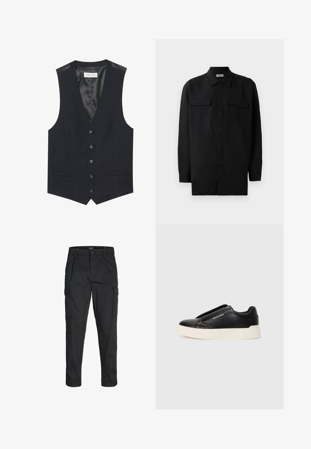 Čierna vesta s výstrihom do V, šiestimi prednými gombíkmi, dvomi bočnými vreckami a hladkou podšívkou. Materiál má štruktúrovaný povrch.; Čierna košeľa na gombíky vyrobená z hladkej tkaniny, so klasickým golierom, dvoma prednými vreckami a dlhými rukávmi s gombíkovými manžetami.; Čierne cargo nohavice z odolnej látky, s viacerými vreckami, gombíkovým zapínaním a úzkym strihom so zúženými nohavicami.; Čierne tenisky na gumenú podrážku so štruktúrovaným koženým vrchom, biela gumová podrážka a žiadne viditeľné šnúrky. Na boku sa nachádza logo značky.