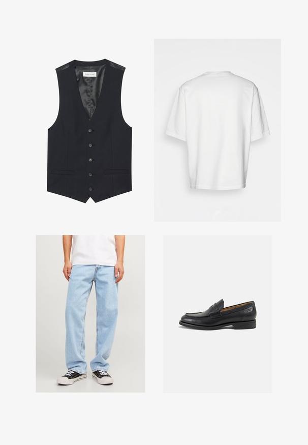 Crni prsluk s V izrezom, šest prednjih dugmadi, dva bočna džepa i glatku unutarnju podstavu. Materijal ima teksturiranu obradu.; Bijela majica kratkih rukava, slobodnog kroja, okruglog izreza, od glatke pamučne tkanine, bez ukrasa na leđima, ravnog donjeg ruba, bez uzoraka ili naglasaka.; Svijetloplave traperice opuštenog kroja, s ravnim nogavicama i standardnim šavovima, uparene s crnim tenisicama.; Crne kožne loferice s glatkom površinom, zaobljenim vrhom i dekorativnim šavom na gornjem dijelu. Nizak potplat s malim potpeticama i blagi sjaj.