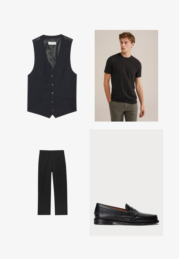 Schwarze Weste mit V-Ausschnitt, sechs vorderen Knöpfen, zwei seitlichen Taschen und einem glatten Innenfutter. Das Material hat eine strukturierte Oberfläche.; Junger Mann mit lockigem, hellbraunem Haar, der ein schwarzes T-Shirt mit kurzen Ärmeln und graue Hosen trägt. Er schaut nach links und hat die Hände in den Taschen.; Schwarze Hose mit geradem Schnitt, aus einem glatten Stoff gefertigt. Verfügt über Vorderfalten und einen einzelnen Knopfverschluss an der Taille.; Schwarze Lederloafer mit abgerundetem Zeh, gesteppten Details und einem dekorativen Riemen an der Vorderseite. Flache Sohle mit minimalem Profil.