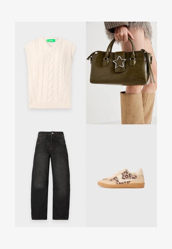 Kremno barvan pleten vest z V-izrezom, ki se ponaša z motive cable knit, kratkimi rokavi in rebrastim robom. Mehak tekstur in masiven dizajn.; Siva bombažna majica z okrolim izrezom, kratkimi rokavi in gladko teksturo, primerna za vsakodnevno nošenje.; Črne denim hlače naravnega kroja s petimi žepi, vidno šivanje in sprednjim gumbom za zapiranje. Teksturo tkanine dopolnjuje rahla zbledelost.; Teniske s leopardjim vzorom z zgornjim delom iz bež semiša, rjavim gumijastim podplatom in belimi detajli. Okrogla konica in vezenje z vezalkami ter teksturirana površina.; Olivnozeleno usnjeno ročno torbico z srebrno zvezdo, dvema ročajema in zadrgo. Teksturna površina in strukturirana oblika.