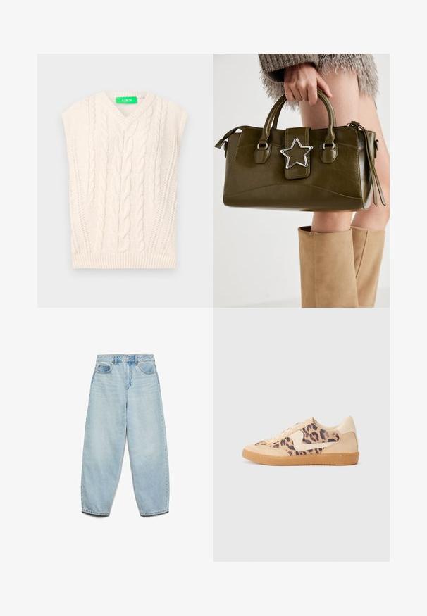 Kremno barvan pleten vest z V-izrezom, ki se ponaša z motive cable knit, kratkimi rokavi in rebrastim robom. Mehak tekstur in masiven dizajn.; Siva bombažna majica z okrolim izrezom, kratkimi rokavi in gladko teksturo, primerna za vsakodnevno nošenje.; Svetlo modri džins hlače z udobnim krojem, visoko pasom in širokimi nogami, z rahlo bledim videzom in klasičnim pet-imenskim dizajnom.; Teniske s leopardjim vzorom z zgornjim delom iz bež semiša, rjavim gumijastim podplatom in belimi detajli. Okrogla konica in vezenje z vezalkami ter teksturirana površina.; Olivnozeleno usnjeno ročno torbico z srebrno zvezdo, dvema ročajema in zadrgo. Teksturna površina in strukturirana oblika.