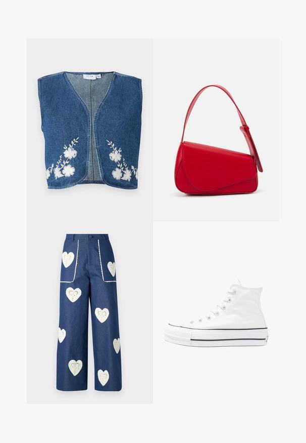 Džinsinis liemenė su V formos iškirpte, abiejose pusėse puošta balta gėlėta siuvinėjimo detalėmis. Mėlyna medžiaga, turinti vidutinį tekstūrą ir brutalius kraštus.; Gėlių bluzonas su ilgomis pūkuotomis rankovėmis, šviesiai kreminiu pagrindu, su violetiniais, oranžiniais ir žaliais gėlių raštais bei klasikiniu apykaklės dizainu.; Sister Jane HEART TO HEART - Tiesaus kirpimo džinsai - blue denim; Balti aukštakulniai drobės sportbačiai su juodu guminio pado, priekinio guminio piršto dangteliu ir šešiais akytėmis raištams, pasižymintys švariu, minimalistiniu dizainu.; Raudona odinė rankinė su kampuota, geometrine forma. Pasižymi viena reguliuojama dirželiu ir dangteliu su siuvinėtais dekoracijomis.