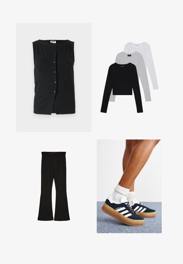 Noisy May NMAJA BUTTON - Strukirani kaput - black; Tri dugih rukava posložena: crna, siva i bijela. Svaka ima okrugli izrez i skrateni kroj s glatkom, laganom tkaninom.; Crne hlače na tregere od rastezljivog materijala. Imaju širok pojas i glatku teksturu, s uskim krojem koji se širi na rubu.; Crne tenisice od brušene kože s bijelim prugama i detaljima, okruglim vrhom, gumeni potplat boje gume, uparene s bijelim rebrastim čarapama.