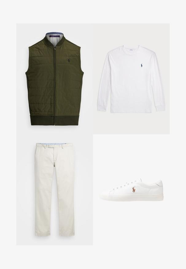Polo Ralph Lauren VEST - Vesta - armadillo/windsor heather; Bílé tričko s dlouhým rukávem vyrobené z bavlny. Má kulatý výstřih, žebrované manžety a malé námořnické modré logo polo na levé hrudi.; Béžové bavlněné chinos kalhoty s plochým předním dílem, poutky na opasek a bočními kapsami. Rovný střih s hladkou texturou a lehkým, prodyšným pocitem.; Bílé kožené tenisky, nízký střih, s hladkým povrchem, kulatou špičkou, šněrováním v přední části a malým vyšitým logem na boku.