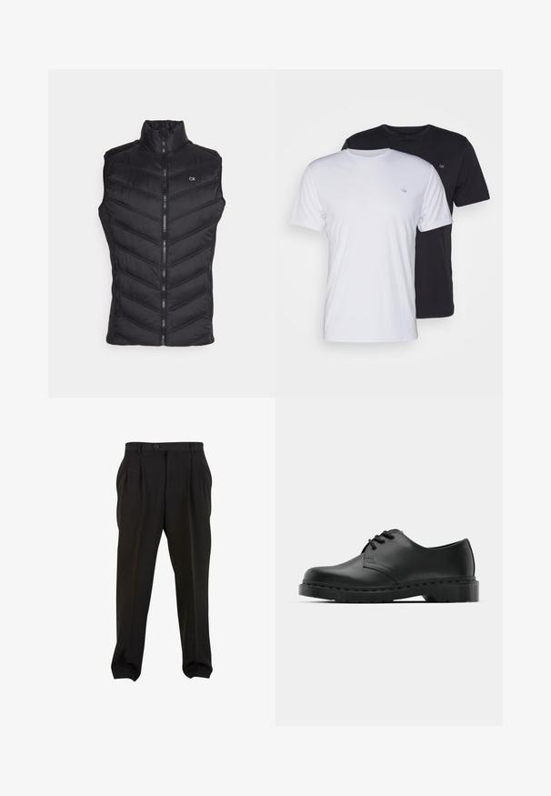 Juodas pūkinis liemenė su aukštu apykakle, užtrauktuku ir chevrono siuvinėjimo raštu. Mažas "CK" logotipas viršutiniame kairiajame kampe.; Du pfaldi medvilniniai marškiniai trumpomis rankovėmis, balti ir juodi, su apvaliais kaklais, turintys mažą logotipą ant krūtinės, glotnus paviršius.; Juodos kelnės su lygiu audiniu, turinčios priekines klostes, mygtukų juosmenį ir siaurėjančius kulkšnies audinius. Klasikinis pritaikytas siluetas.; Juodos odinės oksfordo bateliai su raištelių užsegimu, apvaliu pirštu, plokščiu guminiu padu ir subtiliu siuvimo akcentu viršuje.