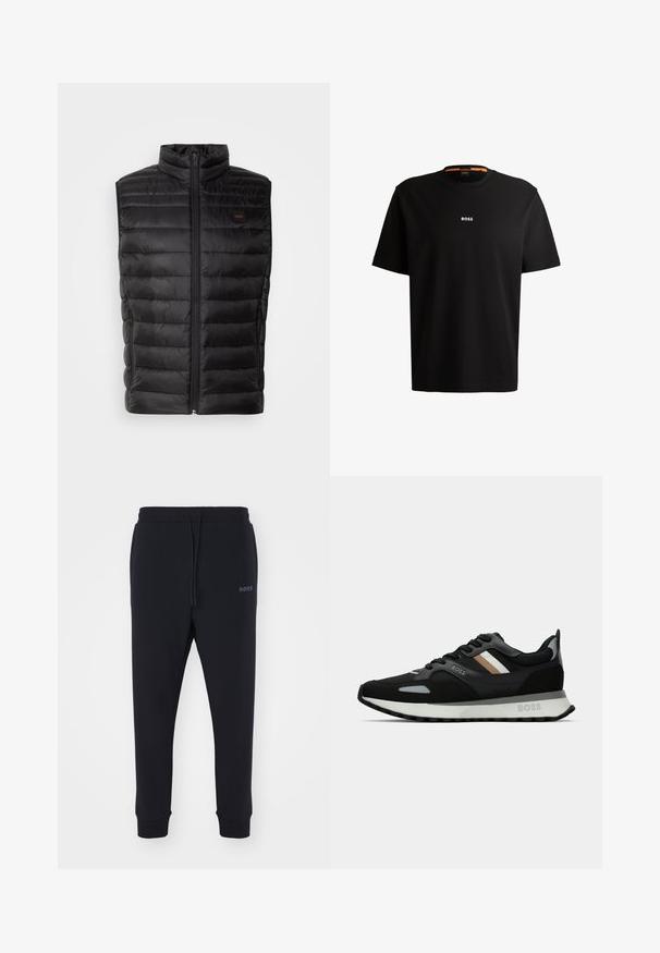 Melnā izolētā veste ar augstu apkakli, ar rāvējslēdzēju un horizontālu quilted rakstu. Iespējotas sānu kabatas un neliels logotipa birka.; Melnas kokvilnas T-krekls ar apaļu kakla izgriezumu, īsām piedurknēm un baltu "BOSS" logo centrā uz krūšu daļas. Gluda tekstūra, ikdienišķs griezums.; Melnas sporta bikses, izgatavotas no mīksta materiāla ar elastīgu jostasvietu, auklu un sašaurinātām kājām. Iekļauta arī maza emblēma sānos.; Melnas skrienamās kurpes ar teksturētu virsmu, gaiši pelēkiem akcentiem un trim horizontālām svītrām brūnā krāsā. Iespējo baltu polsterētu zoli.