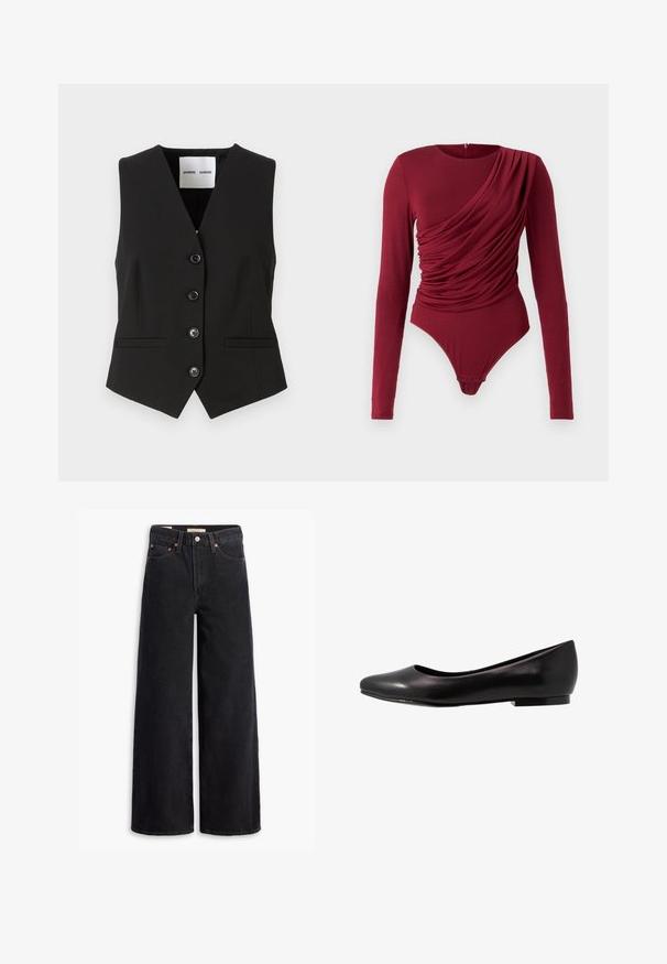 Czarna bezrękawnikowa kamizelka z dekoltem w kształcie litery V, pięcioma guzikami z przodu i dwiema bocznymi kieszeniami. Wykonana z gładkiej, dopasowanej tkaniny.; Body z długim rękawem w głębokiej czerwieni, z marszczonym materiałem, dekoltem w serek i zapięciem na napy na dole, wykonane z miękkiego, elastycznego materiału.; Czarne dżinsowe spodnie o szerokich nogawkach, z pięcioma kieszeniami, miedzianymi nitami i klasycznym zapięciem na guzik. Gładka tekstura i prosty design.; Czarne baletki wykonane z błyszczącej skóry, z okrągłym noskiem i niską, płaską podeszwą. Mają gładką fakturę oraz prosty, elegancki design.
