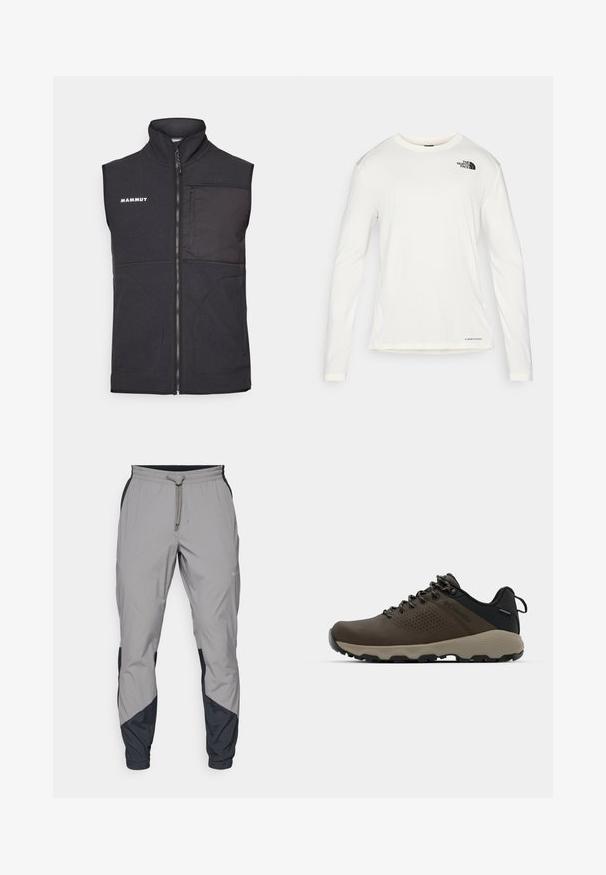 Juodas fliso liemenė su aukštu apykakle, priekyje užtrauktuku, dviem šoninėmis kišenėmis ir krūtinės kišene; turi subtilius tekstūrinius audinio akcentus.; Balta ilga rankove marškiniai su apvalia iškirpte, tekstūruota medžiaga, juodas logotipas kairėje petyje ir subtilus prekės ženklas apačioje.; Lengvas, pilkos sportinės kelnės su juodais akcentais. Elastingas juosmuo, raišteliu užsegimas, siaurėjantis kojų dizainas ir šoninės kišenės.; Rudi nepralaidūs sportbačiai su tekstūruota viršutine dalimi, perforuotomis detalėmis, juodu kulno palaikymu ir pilku guminio padu. Šniūreliai yra dekoruoti metaliniais galais.