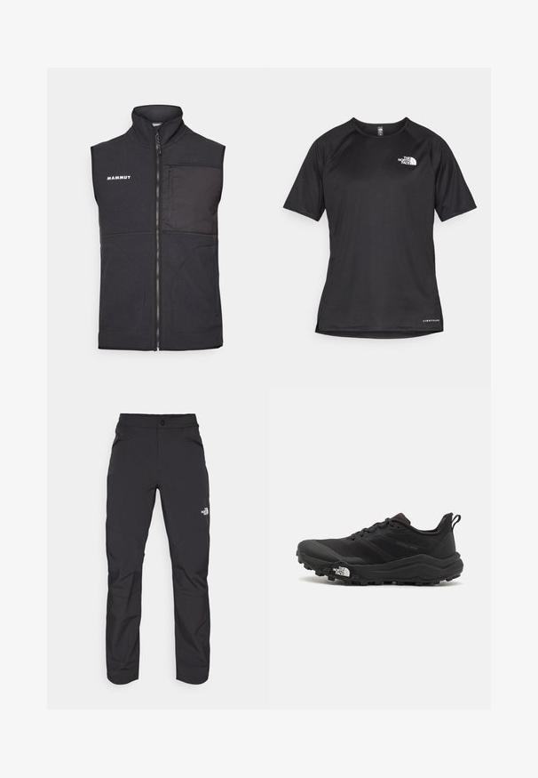 Svart fleecevest med høy krage, frontlukking med glidelås, to sidelommer og en brystlomme; har diskrete teksturerte stoffdetaljer.; Svart kortermet treningstrøye med strukturert stoff, med en hvit logo på venstre bryst og rett kant.; Sorte utendørsbukser med glidelås på frontlommen, syntetisk materiale, smalnende ben og forsterkede knepaneler. Har knappelukking.; Svart terrengløpesko med teksturert overdel, gummisåle og forsterket tåhette. Har polstret krage og løftestropp for enkel påkledning.
