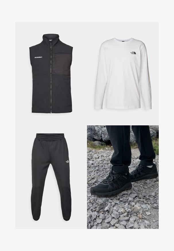 Schwarze Fleece-Weste mit hohem Kragen, durchgehendem Reißverschluss, zwei Seiten- und einer Brusttasche; präsentiert dezente, strukturierte Stoffakzente.; Weißes langärmliges T-Shirt aus Baumwolle mit Rundhalsausschnitt. Verfügt über ein kleines schwarzes Logo auf der Brust. Glatte Textur, reguläre Passform.; Schwarze Jogginghose mit verstellbarem Bund, schlanker Passform, elastischen Bündchen und einem kleinen weißen Logo am linken Oberschenkel, hergestellt aus glattem Stoff.; Schwarze Outdoor-Schuhe aus Mesh und synthetischem Material, mit einer strukturierten Oberseite, gesichertem Schnürsystem und griffiger Laufsohle, auf felsigem Gelände.