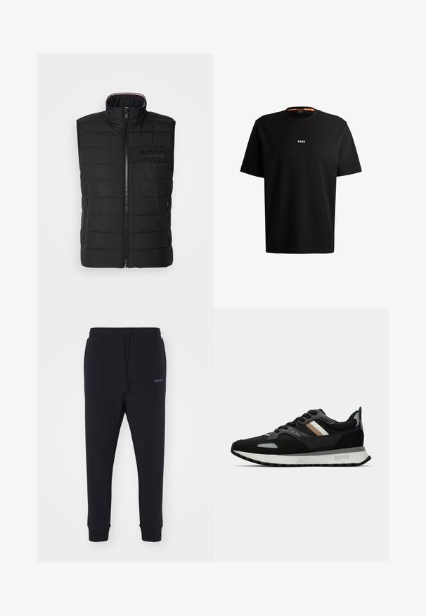 Juodas be rankovių liemenė su siuvinėta tekstūra, aukštu apykakle ir priekiniais užtrauktukais. Sukurtas su subtiliu toniniu "BOSS" logotipu krūtinėje ir šoninėmis kišenėmis.; Juodas medvilnės marškinėliai su apvaliu iškirpimu, trumpomis rankovėmis ir baltu "BOSS" logotipu, esant centruojamam ant krūtinės. Sklandžiai jaučiasi, patogus siluetas.; Juodos sportinės kelnės, pagamintos iš minkštos medžiagos, su elastinga juosta, raišteliu ir aptemptomis kojomis. Šone yra mažas logotipas.; Juodas bėgimo batelis su struktūrizuota paviršiumi, šviesiai pilkomis akcentais ir trimis horizontaliosiomis rudo atspalvio juostomis. Savyje turi baltą paminkštintą padu.