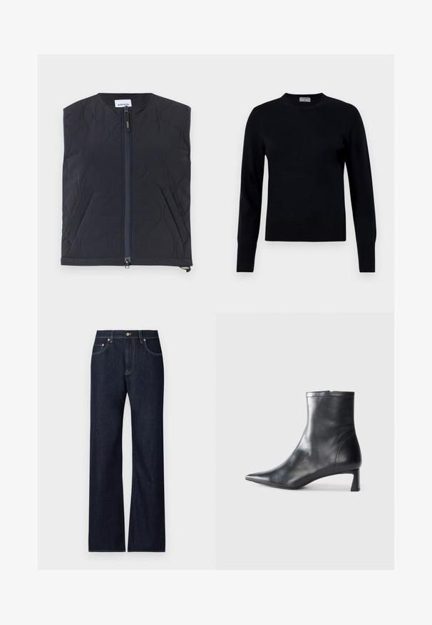 Steppweste in Schwarz mit hohem Kragen, Frontreißverschluss und seitlichen Taschen. Glatte Textur mit geschwungenen Nahtmustern. Mit dem Etikett "ASPESI."; Schwarzer Strickpullover mit Rundhalsausschnitt und langen Ärmeln. Verfügt über eine glatte Textur und gerippte Bündchen, die eine klassische Passform und ein zeitloses Design bieten.; Dunkelblaue Denim-Jeans mit geradem Bein, ausgestattet mit fünf Taschen, kontrastierendem gelbem Nähgarn und einem Metallknopfverschluss.; Schwarze Lederstiefelette mit spitzer Zehe und schlankem Design. Verfügt über einen niedrigen Absatz und einen Reißverschluss hinten. Glatte Textur.