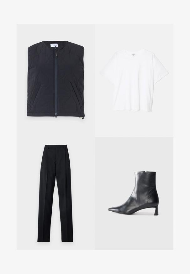 Vadderad svart väst med hög krage, framdragkedja och sidofickor. Slät textur med böjda sömmönster. Märkt "ASPESI."; Vit bomull t-shirt med kort ärm, rund halsringning, avslappnad passform och söm i nederkant. Etikett synlig på insidan av halsen.; Svarta byxor i mjukt tyg med hög midja, vida ben, framfickor och klassiska bältesöglor. Inga sidofickor synliga.; Svart läder ankelboot med spetsig tå och en smidig design. Har en låg klack och en dragkedjestängning bak. Slät textur.