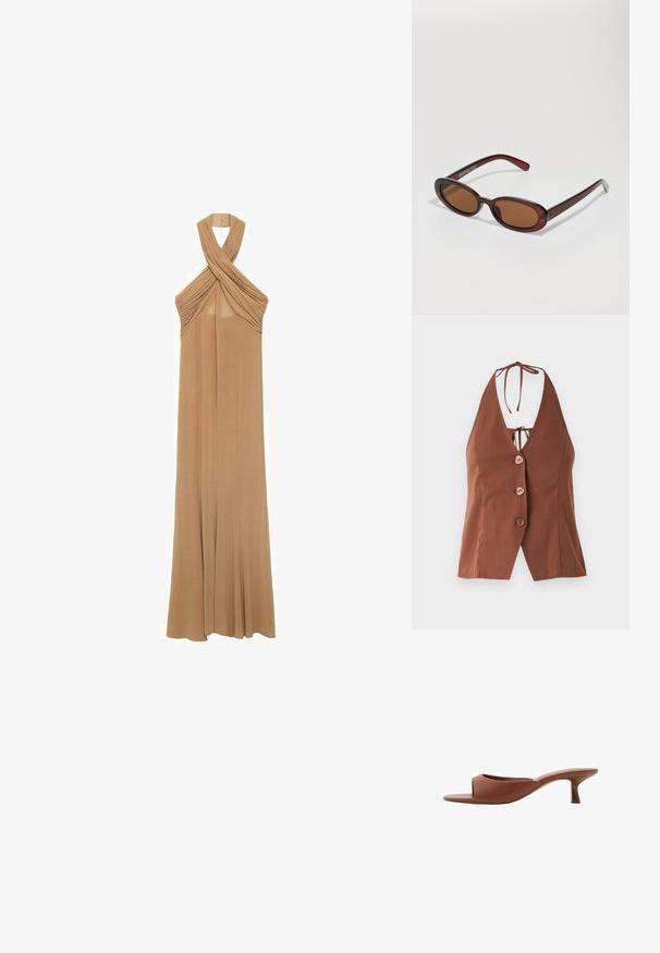 Smeđi halter-top s dubokim V-izrezom, s četiri ružičaste gumbe i vezanjem oko vrata. Glatka tkanina s prilagođenim siluetom.; Halterska haljina od mekog bež materijala, s nabranim detaljima oko izreza i lepršavim, haljinu do poda.; Smeđe sandale s otvorenom nožnom prstom i potpeticom, s glatkom, mat završnom obradom, koje imaju zakrivljen dizajn i prozirnu, suženu potpeticu.; Okvir okruglih, smeđkastih sunčanih naočala s sjajnim burgundskim okvirom. Uski nositelji s suptilnim brendiranjem. Ravna leća.