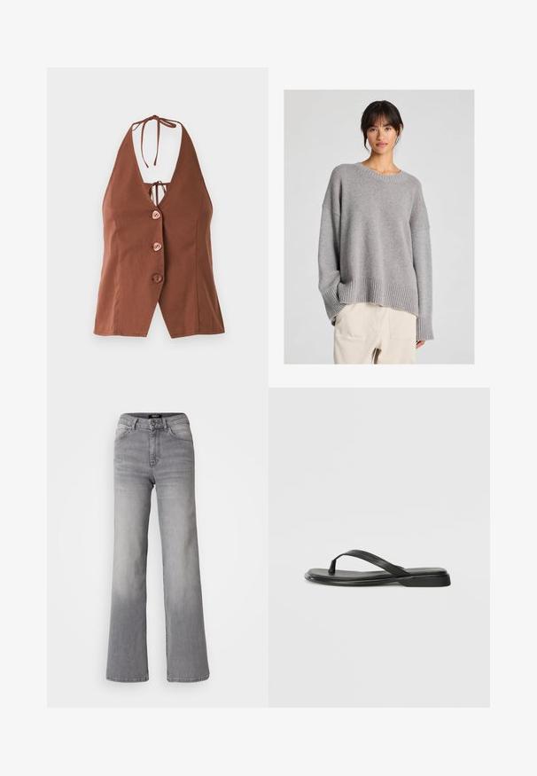 Hnědý halter top s hlubokým výstřihem ve tvaru V, zdobený čtyřmi růžovými knoflíky a zavazováním za krkem. Hladká tkanina s přiléhavým střihem.; Šedý pletený svetr s uvolněným střihem, kulatým výstřihem, proužkovanými manžetami a lemem. Měkká textura se jemným pleteným vzorem. V kombinaci se světlými kalhotami.; Džíny z šedého denimu s vysokým pasem a rovnými nohavicemi, předním zapínáním na knoflík a zip, předními a zadními kapsami, a vybledlým stínováním na stehnech a lýtkách.; Černé žabky vyrobené z hladké kůže, s tenkým designem popruhu a plochou podrážkou s minimálním profilem. Žádné výrazné vzory ani akcenty.