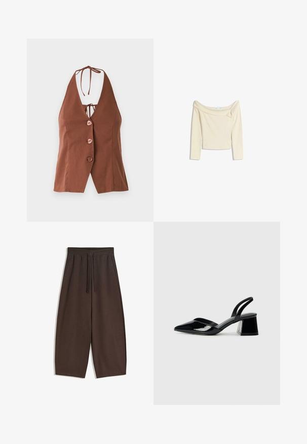 Brun halterneck-top med djup V-ringning, med fyra rosa knappar och knytning i nacken. Slät tyg med en figurnära silhuett.; Off-shoulder, långärmad topp i krämfärgad, tillverkad av mjukt, elastiskt tyg med en något beskuren design och ribbad halsringning.; Bruna vida byxor av mjukt tyg, med elastisk midja och dragsko, med slät textur och ren design.; Svarta lackläder slingback klackar med spetsig tå och geometrisk klack. Har en elegant, minimalistisk design och slät yta.