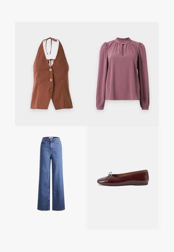 Brązowy top w stylu halter z głębokim dekoltem w kształcie litery V, z czterema różowymi guzikami i wiązaniem na szyi. Gładka tkanina o dopasowanym kroju.; Bluzka z długim rękawem w kolorze mauve z marszczonym kołnierzykiem, dekoltem w kształcie łezki zapinanym na guzik oraz lekko bufiastymi ramionami.; Jasnoniebieskie dżinsy o szerokich nogawkach i wysokim stanie, z dwoma przednimi kieszeniami i widocznym przeszyciem. Posiadają zamek błyskawiczny i zapięcie na guzik.; Bordowe baleriny z lakierowanej skóry z zaokrąglonym noskiem, małą kokardką z przodu oraz niską, czarną gumową podeszwą. Gładka tekstura.