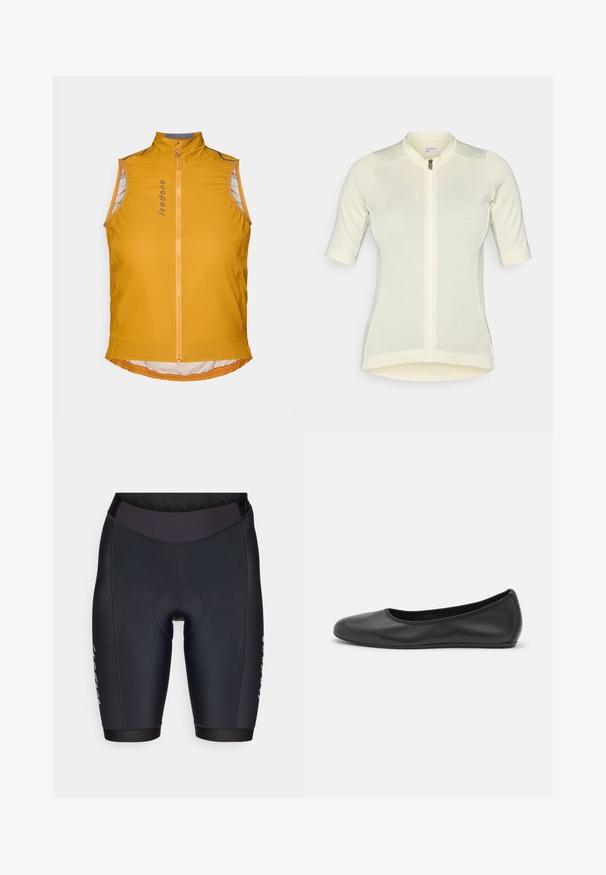 Chaleco de ciclismo amarillo sin mangas con un alto cuello, que presenta un cierre frontal, acentos reflectantes y un diseño de dobladillo curvado. Tejido ligero.; Jersey de ciclismo amarillo claro con mangas cortas, corte ajustado, cremallera completa, tejido texturizado sutil y cuello redondo. Nombre de la marca en la parte delantera.; Pantalones cortos de ciclismo negros con un diseño ajustado, hechos de tela elástica suave, que cuentan con una cinturilla ceñida y un acolchado reforzado en la parte trasera.; Bailarina de piel negra con punta redondeada, textura suave, detalle de costura minimalista y diseño de suela flexible.