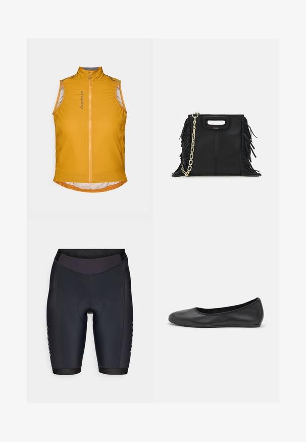 Gilet da ciclismo giallo senza maniche con colletto alto, dotato di una cerniera frontale, dettagli riflettenti e orlo curvo. Tessuto leggero.; Jersey da ciclismo giallo chiaro con maniche corte, taglio slim, zip a lunghezza totale, tessuto textured sottile e colletto rotondo. Nome del marchio sul fronte.; Pantaloni ciclistici neri con un design aderente, realizzati in tessuto elastico morbido, dotati di un elastico in vita aderente e di un'imbottitura rinforzata per il sedile.; Pantofole da balletto nere in pelle con punta arrotondata, texture liscia, dettagli di cucitura minimi e design con suola flessibile.; Borsa a tracolla in pelle nera con dettagli a frangia, catena dorata e manico ritagliato. Presenta il logo sulla parte anteriore.