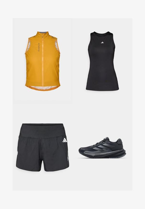 Yellow sleeveless cycling vest with a high collar, featuring a front zipper, reflective accents, and a curved hem design. Lightweight fabric.; Black sleeveless athletic top made of smooth fabric. Features a round neckline and a small white Adidas logo on the chest.; Black athletic shorts featuring a wide elastic waistband, lightweight fabric, and white logo accents on the lower side.; Black athletic shoe with a textured mesh upper, reflective accents, cushioned sole, and a streamlined design. Features three stripe logo.