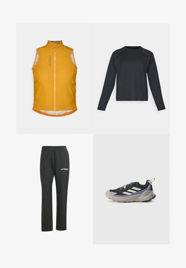 Dzeltena bezpiedurkņu velo veste ar augstu apkakli, ar priekšējo rāvējslēdzēju, atstarojošiem akcentiem un izliekta apakšmalas dizainu. Viegls audums.; Melna garām piedurknēm krekls ar teksturētu, ribinātu audumu. Tam ir apaļa kakla izgriezums un noapaļots apakšmalas dizains, kas ir ideāli piemērots aktīvajai apģērba izvēlei.; Melnas vieglas bikses ar elastīgu jostu. Satur diskrētu "TERREX" logo baltā krāsā. Gluda auduma un taisnu kāju dizains.; Melnas sporta kurpes ar Gore-Tex augšdaļu, baltām svītrām, purpursarkanām akcentiem, biezā pelēkā vidussole un teksturēta pelēka ārējā zole, kas nodrošina saķeri.