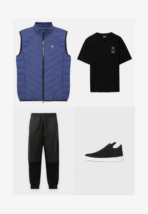 Colete azul acolchoado sem mangas, com gola alta, fecho de correr frontal, bolsos laterais e um pequeno logótipo EA7 Emporio Armani no peito.; T-shirt de algodão preto com mangas curtas, decote redondo e uma pequena etiqueta com logótipo na parte da frente, apresentando símbolos de cuidado em branco.; Calças de desporto pretas com uma combinação de tecidos lisos e texturizados, cintura elástica com cordão e punhos afunilados.; Sapatilha de camurça preta com sola de borracha branca, apresentando costuras tonais e um design com atacadores. Textura suave com uma forma moderna e simplificada.