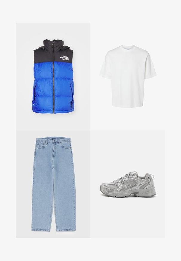 Blaues Puffer-Weste mit schwarzem oberen Teil und Kapuze, ausgestattet mit einem Frontreißverschluss und zwei Seitentaschen. Logo auf der oberen linken Seite angebracht.; Weißes Baumwoll-T-Shirt mit kurzen Ärmeln, Rundhalsausschnitt und lässigem Schnitt. Glatte Textur ohne sichtbare Muster oder Akzente.; Hellblaue Jeans aus Denim mit geradem Bein, ausgestattet mit einer mittelhohen Taille, fünf Taschen sowie einem Knopf- und Reißverschluss.; Silberner Sportschuh mit schlankem Design, Mesh-Einsätzen, gepolstertem Schaft, strukturiertem Synthetik-Obermaterial und Gummisohle für Traktion.