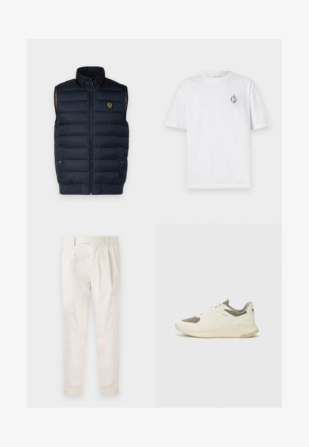Navy padded vest with high collar, zip front, and side pockets. Features gold logo patch on chest and ribbed hem for a snug fit.; White cotton t-shirt with a relaxed fit, featuring a small black graphic logo on the left chest area. Short sleeves, crew neck style.; White, pleated trousers with a tailored fit, featuring a smooth texture, belt loops, and tapered legs. No visible pockets or patterns.; White and light beige athletic sneaker, featuring a mesh upper, perforated detailing, and a textured midsole with branding on the heel.