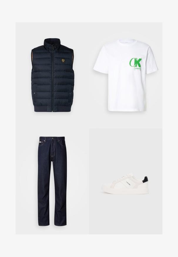 Colete acolchoado azul-marinho com gola alta, fecho zip na frente e bolsos laterais. Apresenta um emblema dourado no peito e uma bainha canelada para um ajuste firme.; T-shirt de algodão branca com um logo verde da CK no lado esquerdo do peito. Design clássico de gola redonda com mangas curtas e bainha reta.; Jeans de denim azul-escuro com um design de perna reta, apresentando um fecho de botão, cinco bolsos e detalhes de costura em contraste.; Sapatilhas brancas com detalhes em rosa claro e preto, apresentando painéis de couro liso e camurça, biqueira redonda e sola de borracha plana.