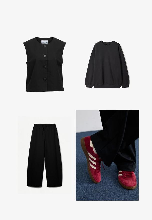 Czarny bezrękawnik wykonany z teksturowanej tkaniny, z okrągłym dekoltem i pięcioma dużymi czarnymi guzikami z przodu.; Czarny, oversize sweter z okrągłym dekoltem i długimi rękawami, prezentowany na białym tle. Prosty i casualowy design.; Czarne spodnie typu wide-leg z elastycznym paskiem w talii i sznureczkiem. Miękka tkanina o gładkiej teksturze. Prosty krój z bocznymi szwami.; Czerwone zamszowe tenisky z białymi paskami, z zapięciem na sznurówki i teksturowaną brązową gumową podeszwą. Noszone z czarnymi spodniami, na tle niebieskiego dywanu.