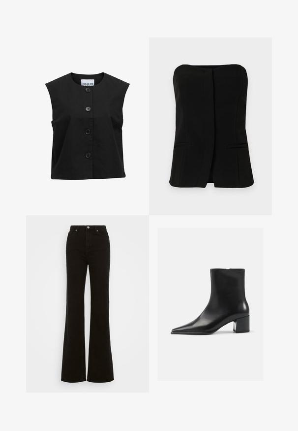 Musta ilmanhiha teesari, jossa on teksturoitu kangas, pyöreä pääntie ja viisi suurta mustaa nappia edessä.; Musta, hihaton toppi suoran pääntien, etupaneelin ja kahden piilotetun sivutaskun kanssa. Sileä kangas ja muotonsa mukainen malli.; Korkeavyötäröiset mustat leveälahkeiset farkut, jotka on valmistettu denimistä. Farkuissa on nappikiinnitys, sivutaskut ja sileä pinta.; Musta nahkainen nilkkabotti, jossa on terävä kärki, sileä pinta ja keskikokoinen tukijalka. Minimalistinen muotoilu, vetoketjusuljin takana.