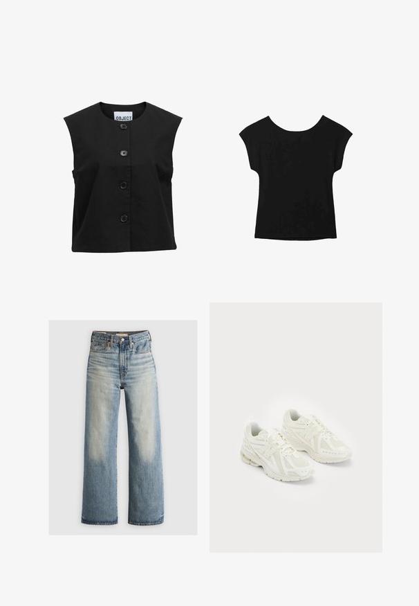 Sort ærmeløs top lavet af struktureret stof med en rund halsudskæring og fem store sorte knapper foran.; Sort kortærmet top med bred halsudskæring og løs pasform. Lavet af blødt stof uden synlige mønstre eller pynt.; Lysevaskede, blå denim bredbenede jeans med høj talje, fem lommer og messingdetaljer. Aftagende nuancer foran og bagpå.; Hvide sportssko i mesh og syntetiske materialer, snørebåndsdesign, polstret krave og tekstureret sål for bedre greb. Letvægts konstruktion.