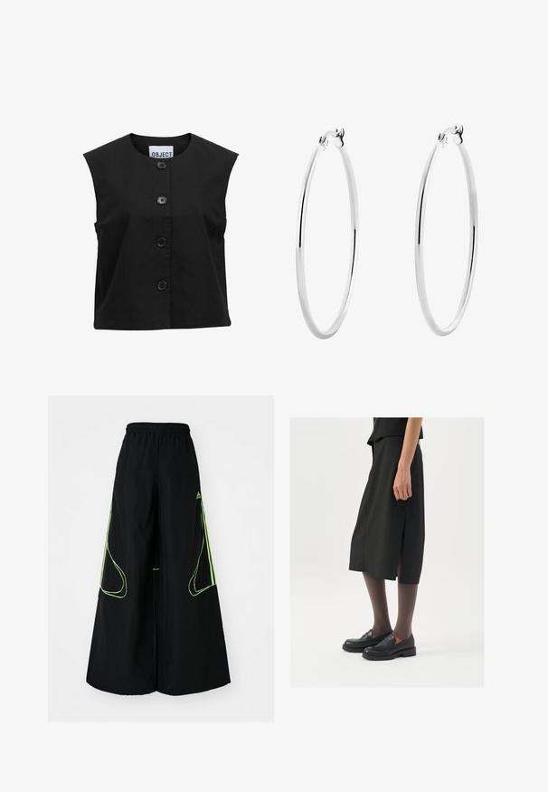 Sort ærmeløs top lavet af struktureret stof med en rund halsudskæring og fem store sorte knapper foran.; Sort atletisk T-shirt med korte ærmer, grønne detaljer på skuldrene og siderne, lavet af et glat, fleksibelt materiale.; adidas Originals TEAMGEIST ADICOLOR OVERSIZED - Træningsbukser - black/signal green; Sort knælange nederdel med sideslids, parret med sorte loafers og gennemsigtige brune strømpebukser, der har et glat stof og et enkelt design.; Sølv øreringe med en glat, poleret overflade og en sømløs design, der har afrundede kanter og en sikker lukning.