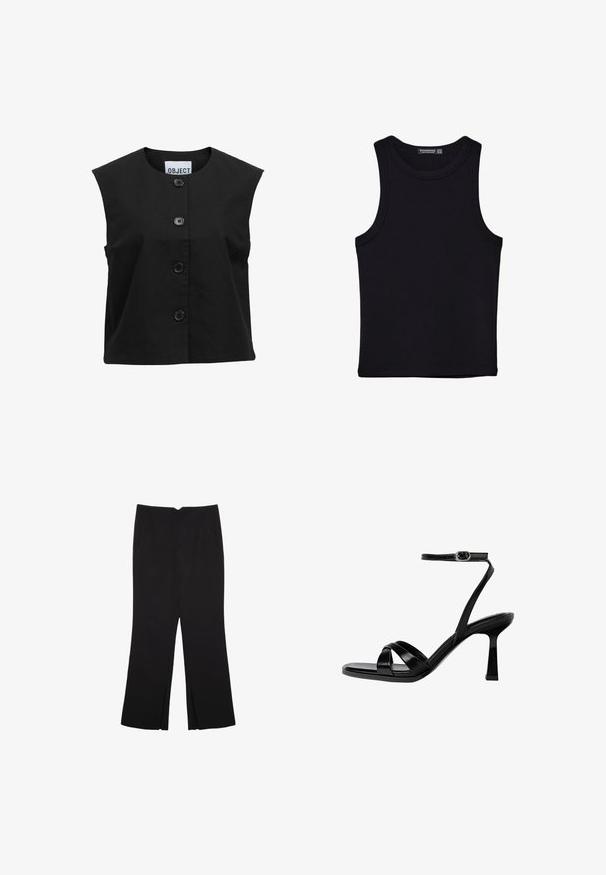 Zwarte mouwloze top van gestructureerde stof met een ronde halslijn en vijf grote zwarte knopen aan de voorkant.; Zwarte tanktop gemaakt van katoen, met een ronde halslijn en brede armopeningen. Gladde textuur met gestikte zomen. Klassiek, minimalistisch ontwerp.; Zwarte broek met een rechte pasvorm, voorzien van zijzakken en plooien aan de onderzijde. Gemaakt van zachte, gladde stof. Geschikt voor verschillende gelegenheden.; Zwarte sandaal met hak en bandjes, met een vierkante neus. Heeft een dunne enkelriem, glanzend leermateriaal en een naaldhak.