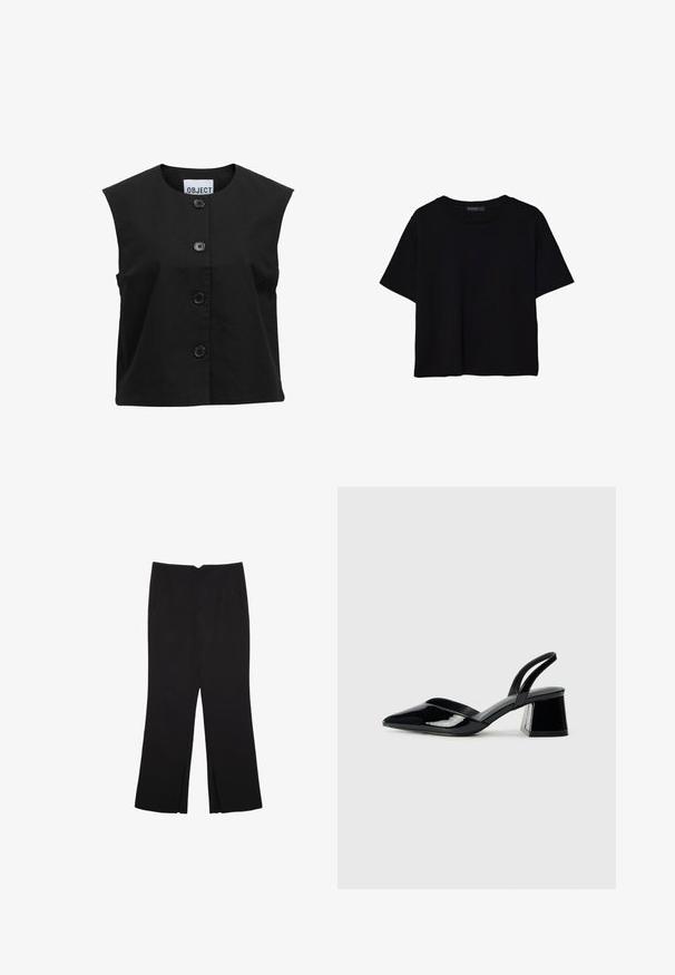 Czarny bezrękawnik wykonany z teksturowanej tkaniny, z okrągłym dekoltem i pięcioma dużymi czarnymi guzikami z przodu.; Czarna koszulka z krótkim rękawem wykonana z bawełny. Posiada okrągły dekolt i luźny krój z gładką, jednolitą teksturą. Brak widocznych wzorów lub akcentów.; Czarne spodnie o prostym kroju, z przednimi kieszeniami i bocznymi rozcięciami na dole. Wykonane z miękkiego, gładkiego materiału. Odpowiednie na różne okazje.; Czarne lakierowane półbuty na obcasie z wydłużonym noskiem i geometrycznym słupkiem. Charakteryzują się eleganckim, minimalistycznym designem oraz gładką fakturą.