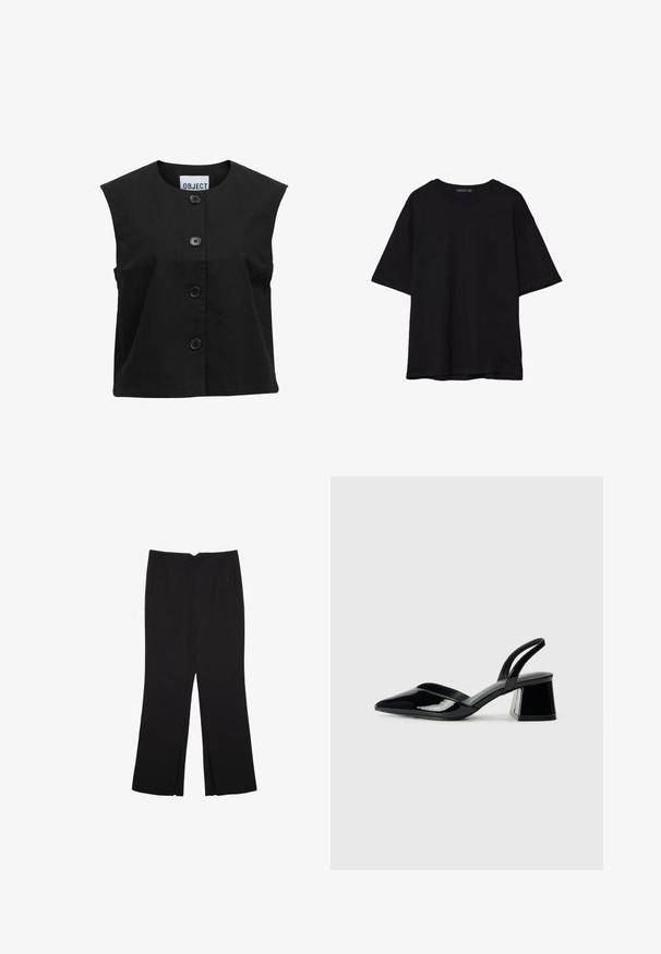 Černý bezramínkový top vyrobený z texturované látky, který má kulatý výstřih a pět velkých černých knoflíků pokloňovaných vpředu.; Černé bavlněné tričko s volným střihem, krátkými rukávy, zaobleným výstřihem a hladkou texturou. Bez viditelných vzorů nebo akcentů.; Černé kalhoty s rovným střihem, s předními kapsami a bočními rozparky na lemu. Vyrobené z jemné, hladké tkaniny. Vhodné na různé příležitosti.; Černé lakované kožené lodičky na pásku s špičatou špičkou a geometrickým blokovým podpatkem. Vyznačují se elegantním, minimalistickým designem a hladkým povrchem.