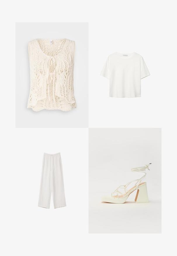 Gilet tricoté en crème avec un décolleté en V et une fermeture à nouer. Présente un motif ajouré complexe et un design ample et fluide. Texture douce.; T-shirt blanc à manches courtes en coton. Doté d'un col ras du cou et d'une coupe décontractée. Texture lisse sans motifs ni accents visibles.; Pantalons larges blancs en tissu léger. Dotés d'une taille élastique avec cordon de serrage et de poches latérales. Texture lisse.; Sandale blanche à talons hauts avec un talon épais, présentant un design à lanières et un lien autour de la cheville. Texture lisse avec une plateforme à l'avant pour une hauteur supplémentaire.