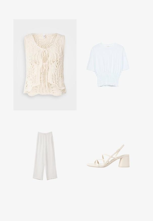 Pleteni prsluk u krem boji s izrezom u obliku slova V i vezanjem. Sadrži složeni uzorak otvorenog rada i labav, lepršav dizajn. Mekana tekstura.; Bijela majica kratkih rukava s opuštenim krojem i nabrano teksturom na struku. Izrađena od mekog, laganog materijala.; Bijele hlače širokih nogavica napravljene od lagane tkanine. Imaju elastičan pojas s ušicom i bočne džepove. Glatka tekstura.; Bežne sandale s petom u bež boji s tankim, ukrštenim trakama, otvorenim nožnim prstima i kvadratnim blok petom. Glatki patentirani finiš, podesiva remenica oko gležnja.