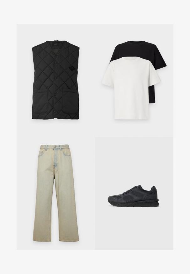 Vesta neagră matlasată cu decolteu în V, având o închidere frontală cu butoane și două buzunare mari pe laterale. Logo-ul brandului este afișat pe partea stângă.; Set de tricouri din bumbac, care include un top negru și unul alb, ambele cu mâneci scurte, guler rotund și croială standard. Material texturat.; Jeans largi de culoare albastru deschis din denim, cu un finisaj uzat. Au cinci buzunare și închidere cu un nasture în față.; Replay ARTHUR ATOM - Sneakers low - black