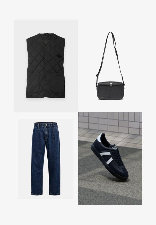 Crna jakna s dijagonalnim šavovima i V-izrezom, sa prednjim kopčanjem na gumbe i dva velika bočna džepa. Brend logo prikazan na lijevoj strani.; Kremasta pamukasta majica s kratkim rukavima i okruglim izrezom. Ima grafički ispis u plavoj i crvenoj boji s tekstom i motivom.; Tamno plave traperice s ravnim krojem. Imaju vidljivo šivanje, kopčanje na dugme i prednje nabore za dodatne detalje.; Crne kožne tenisice s bijelim prugama, strukturirana gumena potplate i vezanjem sprijeda. Ima oznaku brenda na jeziku.; Crna kožna torbica preko tijela s patentnim zatvaračem, ugraviranim logotipom sprijeda i podesivim remenom. Glatka tekstura s pravokutnim oblikom.