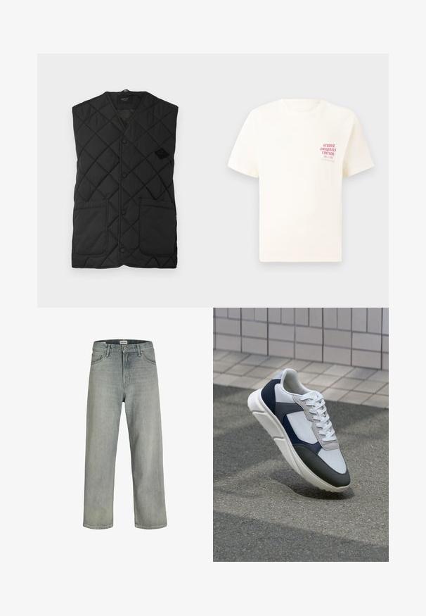 Colete acolchoado preto com decote em V, apresentando um fecho frontal com botões e dois grandes bolsos laterais. Logótipo da marca exibido no lado esquerdo.; T-shirt branca de mangas curtas com o texto vermelho "Edição Originais do Estúdio" no lado esquerdo do peito, apresentada sobre um fundo cinza neutro.; Jeans soltos de cor cinza claro feitos de denim. Apresentam um design clássico de cinco bolsos, passadores para cinto e uma silhueta de perna reta.; Sapatilhas brancas, azuis-marinho e cinzas com um design de materiais mistos, apresentando uma parte superior texturizada, atacadores planos e uma sola acolchoada.