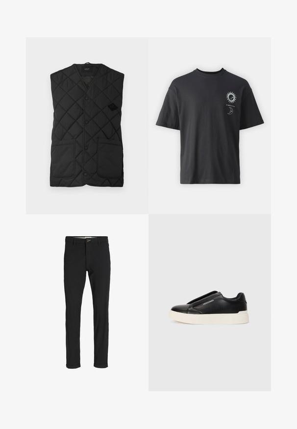 Svart vadderad väst med V-ringning, med framknäppning och två stora sidofickor. Logotypen visas på vänster sida.; Svart bomullströja med korta ärmar, rund hals och framsidan prydd med grafik av en sol och en måne, tillsammans med texten "Le Soleil et La Lune."; Svarta bomullsblandade byxor med en smal passform, med knappstängning, fickor och uppvikta fållar för en avslappnad stil.; Svart slip-on sneakers med texturerat läderöverkänsliga, vit gummisula och utan synliga snören. Har varumärkeslogotyp på sidan.